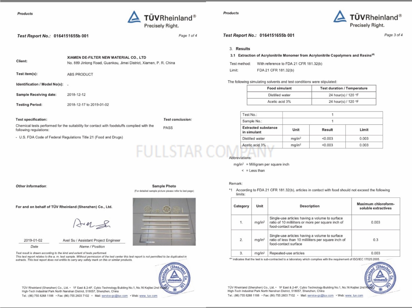 FDA certificates china supplier in hygiene grade